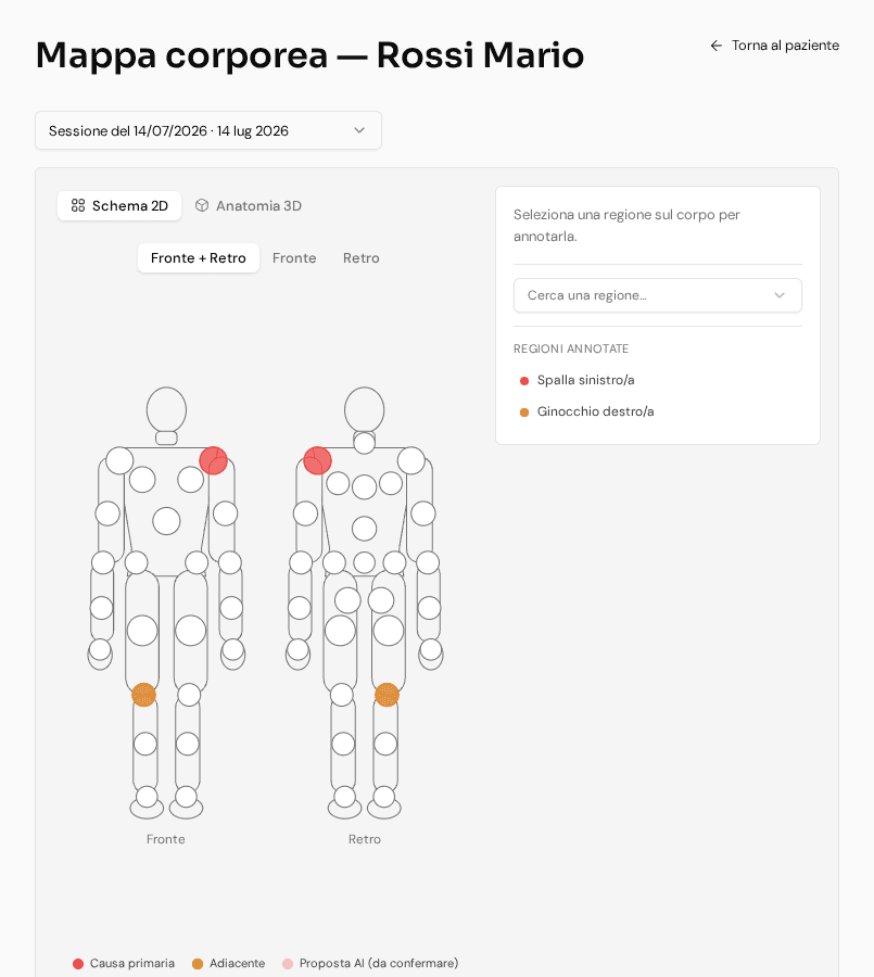 Schema 2D della mappa corporea in PhysioFlow, con due regioni annotate